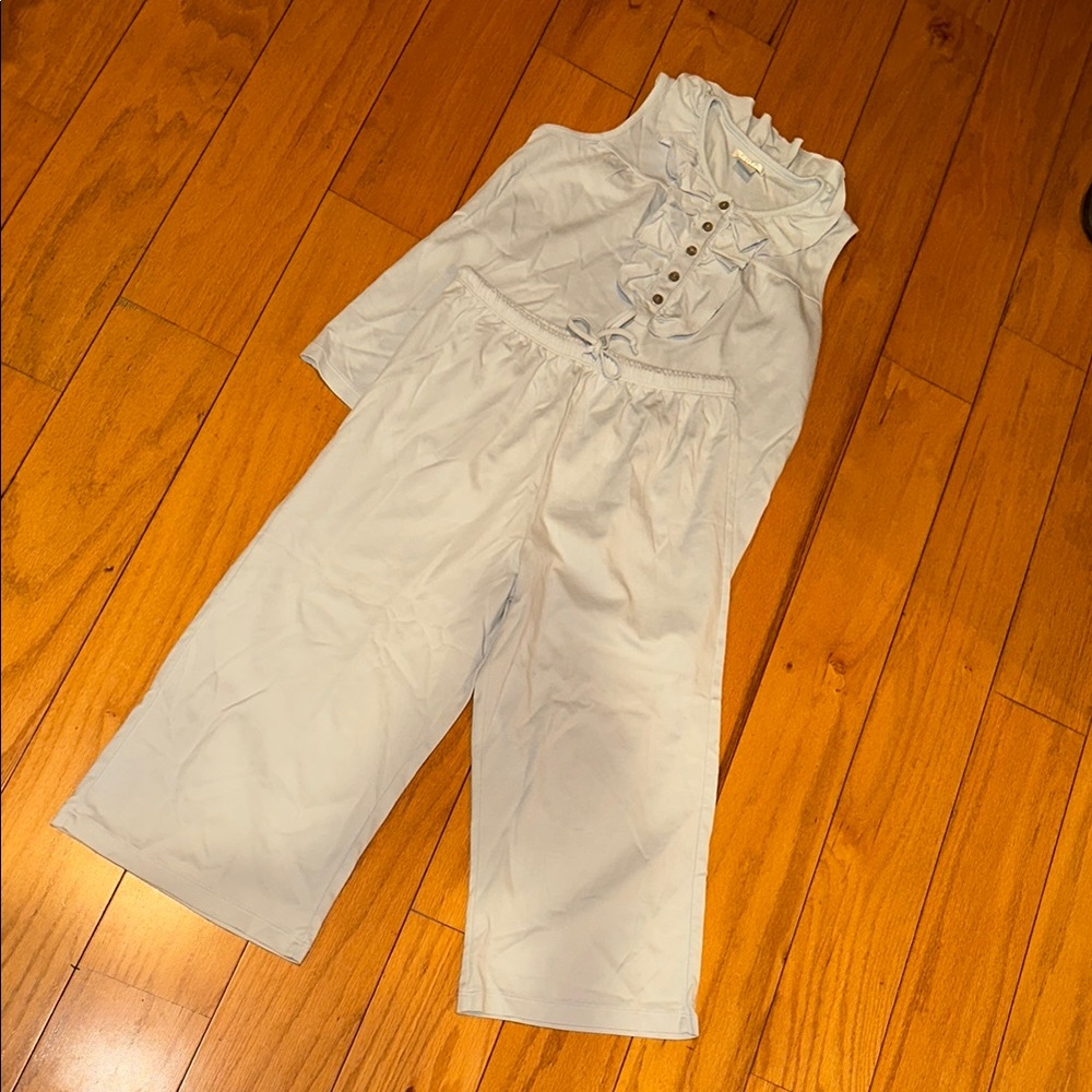 Baby blue  Ruffled Neckline Jumpsuit with Cropped Wide-Leg Pants